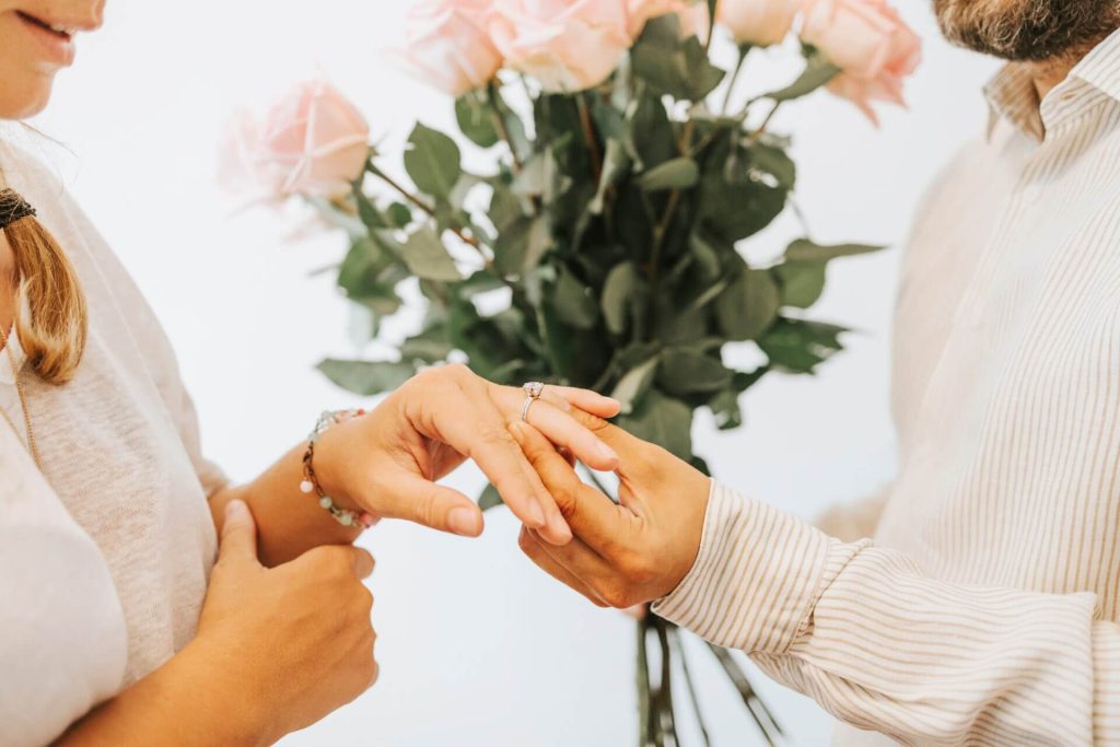 Dos personas casándose y luego realizando el ajuste de estatus por matrimonio 2023