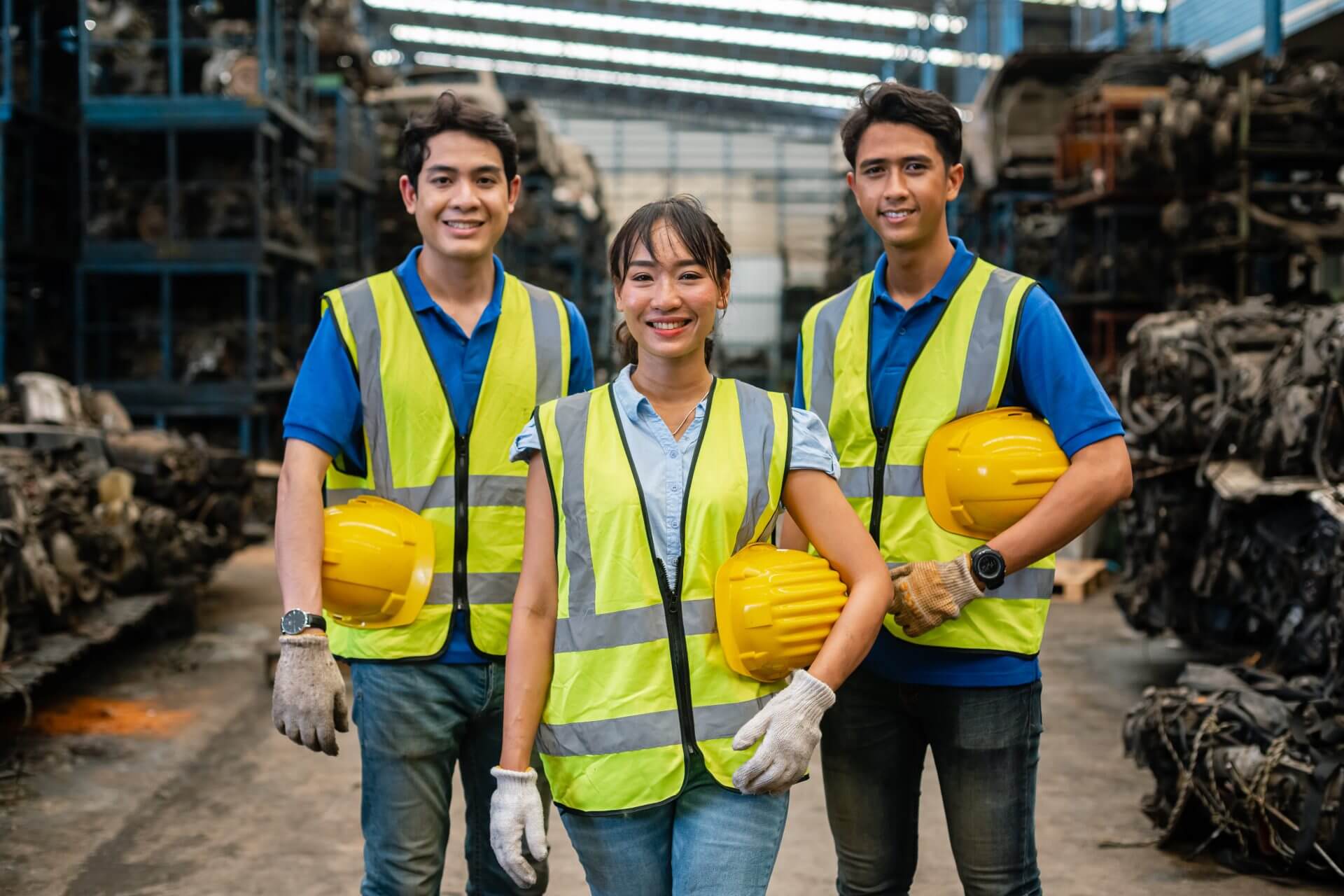 Inmigrantes recién llegados a USA sonriendo en su nuevo empleo fabril