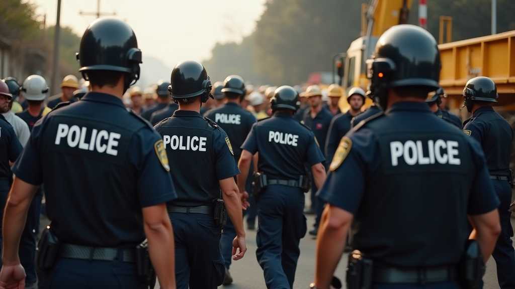 Law enforcement officials conducting an immigration enforcement operation at a worksite, highlighting the tension in the air.