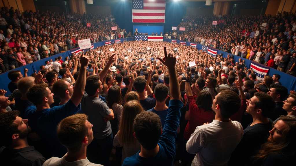 Overhead view of political rally, showing crowd dynamics and competing interests represented by flags.