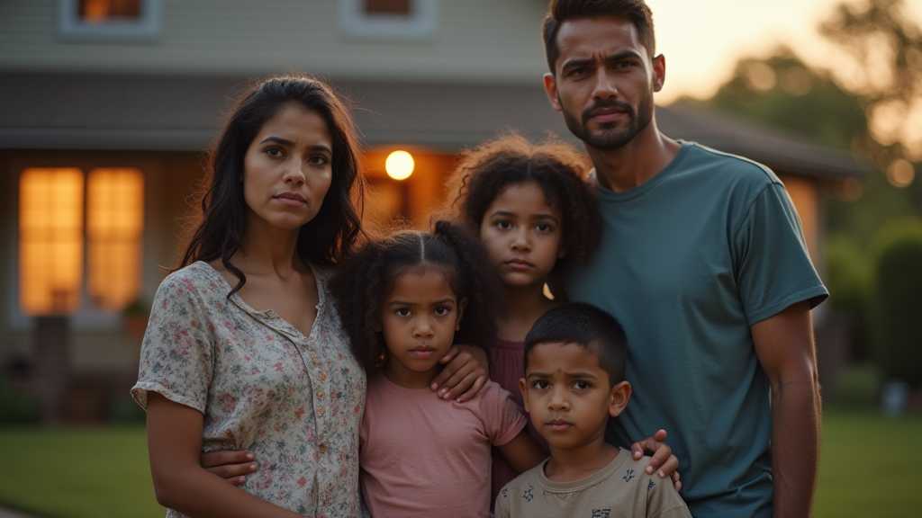 A family showing concern outside their home.