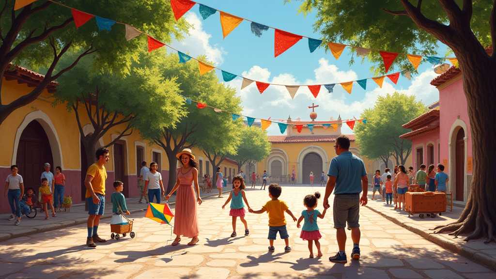 Families enjoying a festival in a vibrant rural town plaza in Mexico.