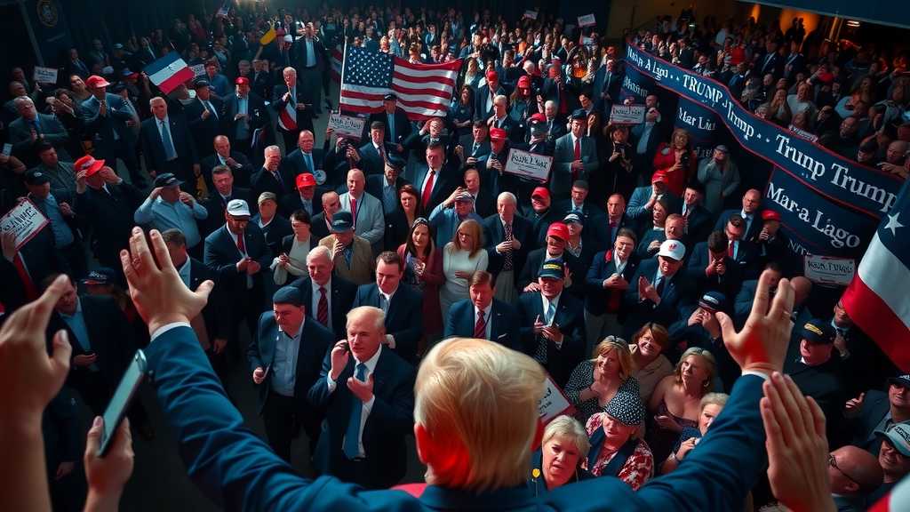 Rally scene at Mar-a-Lago during presidential victory speech.