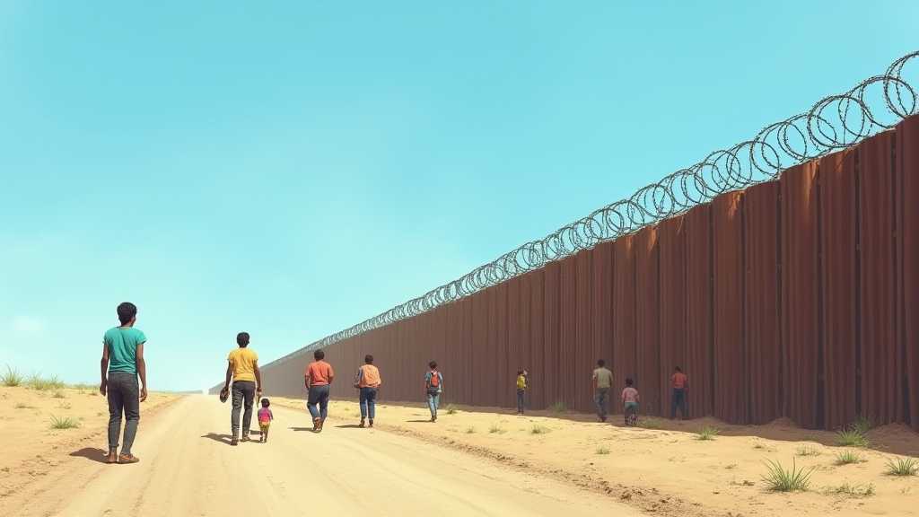 Symbolic image of the U.S.-Mexico border with a stark wall representing immigration barriers.