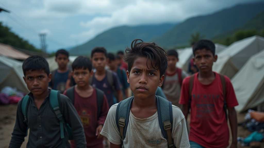 migrantes en un campamento en panama mostrando fatiga y determinacion en medio de un viaje desafiantejpeg