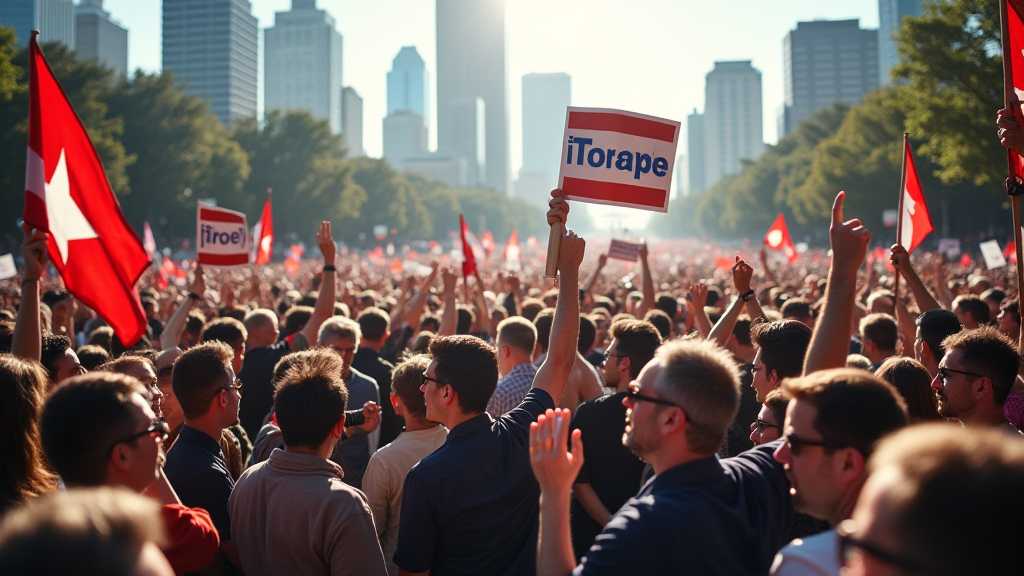 multitud en un mitin politico con participantes entusiastas agitando banderasjpeg