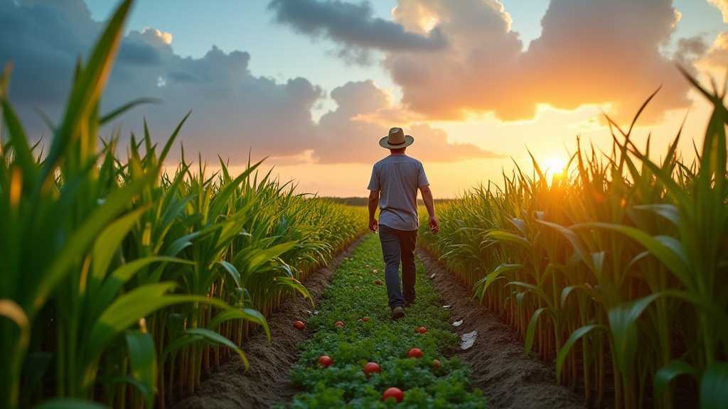 un agricultor caminando por su fructifero campo bajo un hermoso cielo al atardecerjpeg