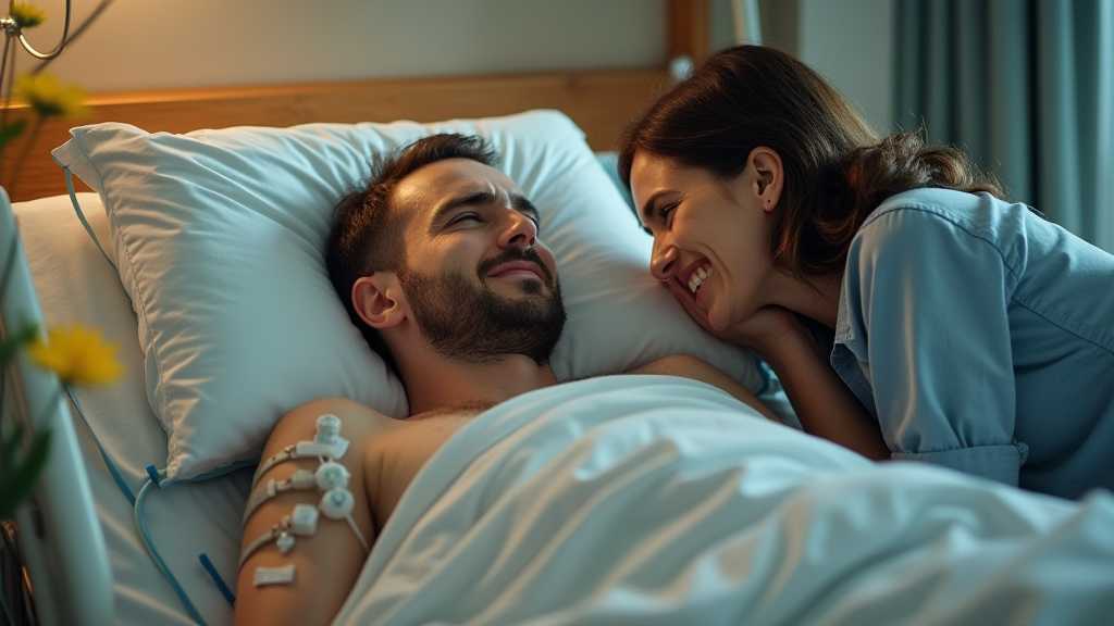 Wife in distress next to her unconscious husband in a hospital room.