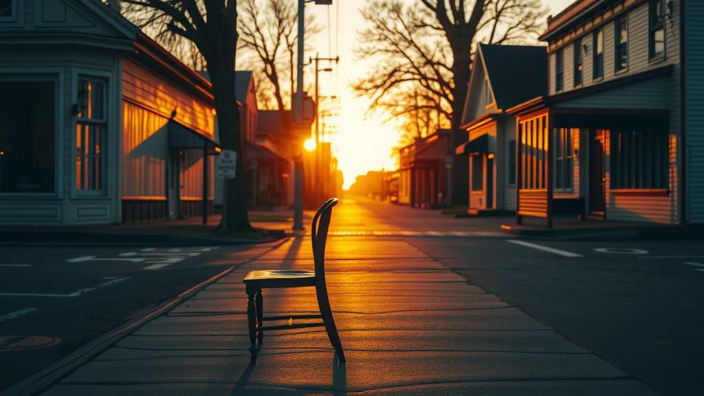 A solitary chair on a sunset street, reflecting solitude.
