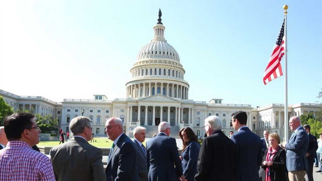 Senators discussing legislation outside.