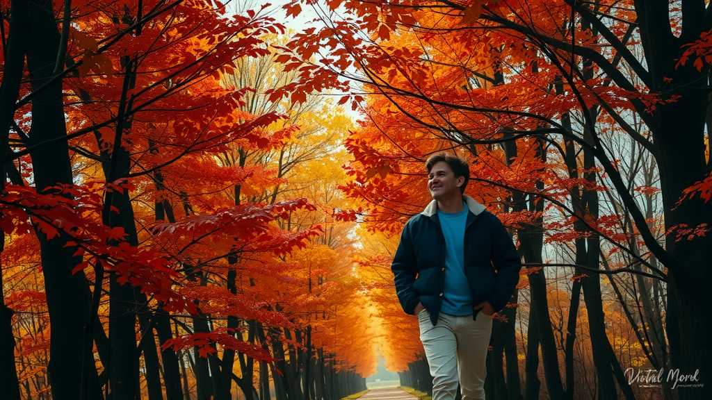 A figure walking happily through a colorful autumn forest.