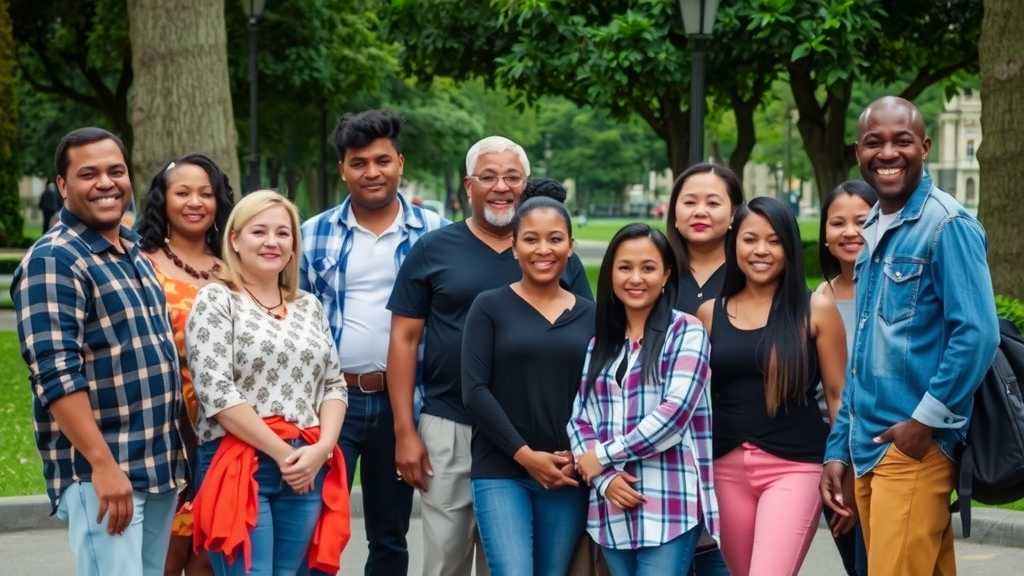 A gathering of individuals from diverse backgrounds in a lush park, exuding a spirit of community.