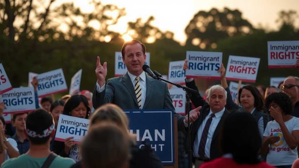 A Senator delivers a passionate speech about immigration rights to a supportive crowd.