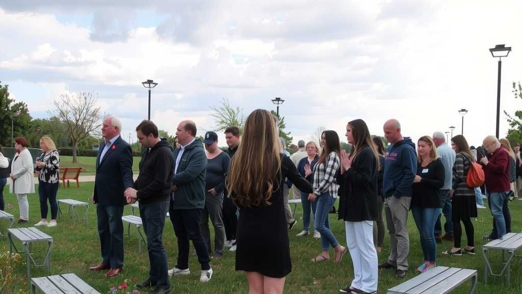 A somber community gathering in a park.