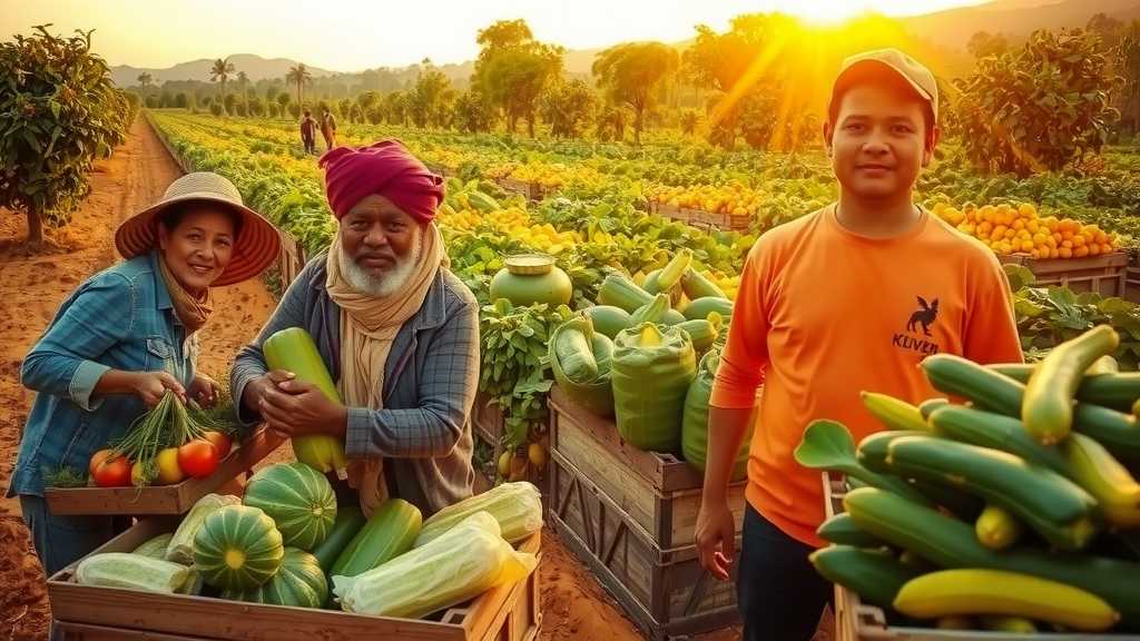 Farm workers happily harvesting crops.