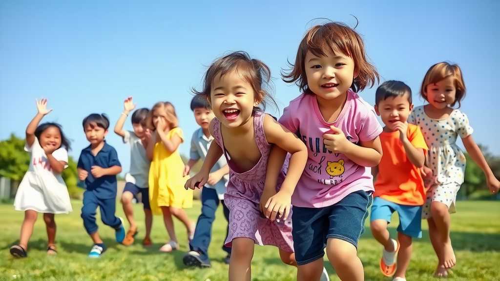 A lively playground filled with children engaged in playful activities under a clear blue sky.