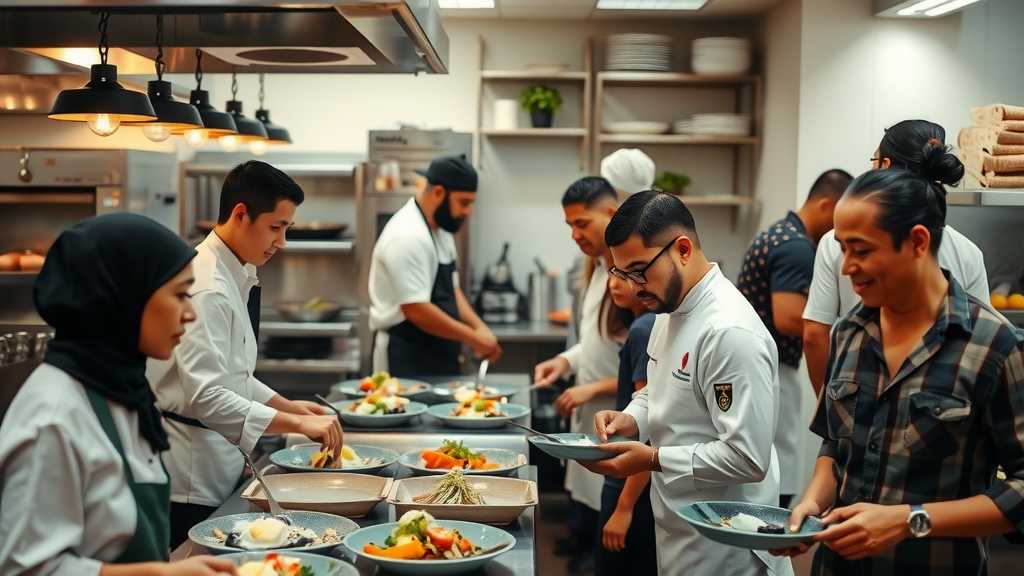 Kitchen staff collaborating on meal preparation in a restaurant.