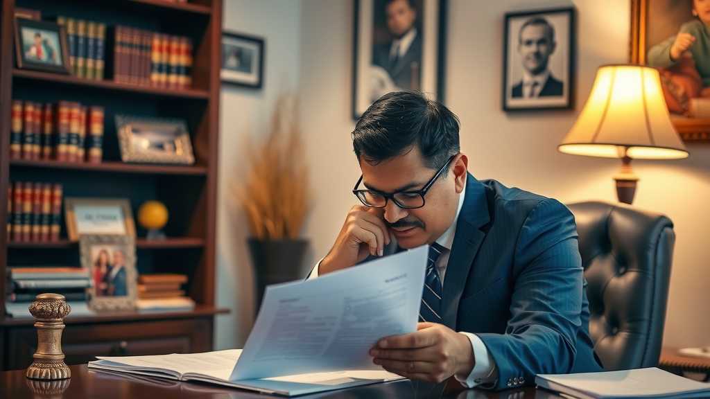 An immigration attorney analyzing documents in their office.