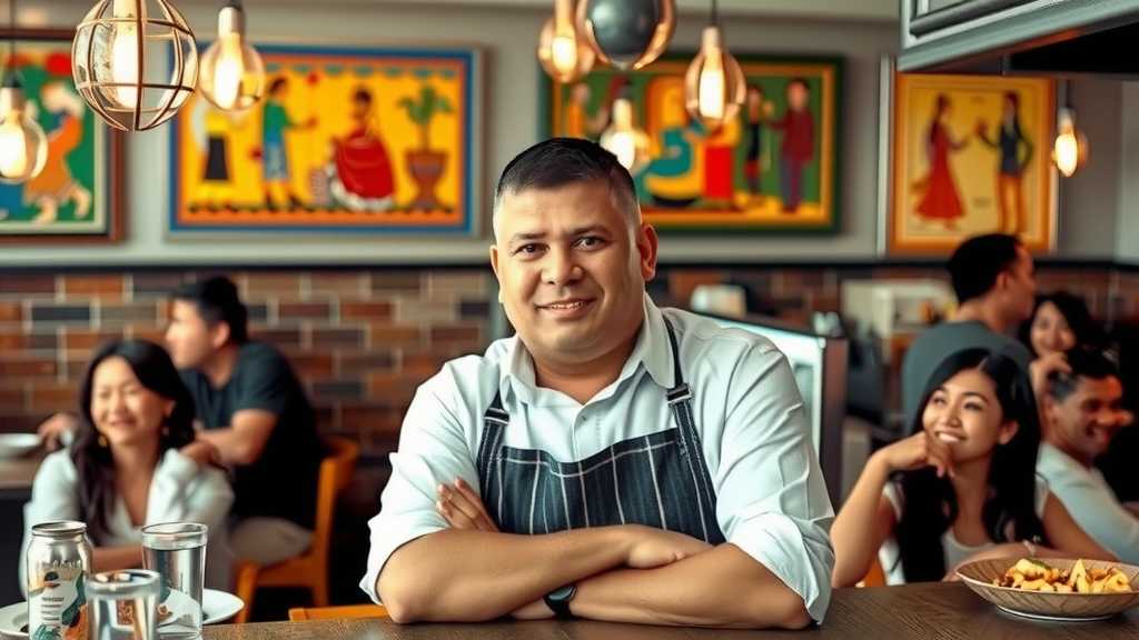Proud restaurant owner in a vibrant Caribbean eatery