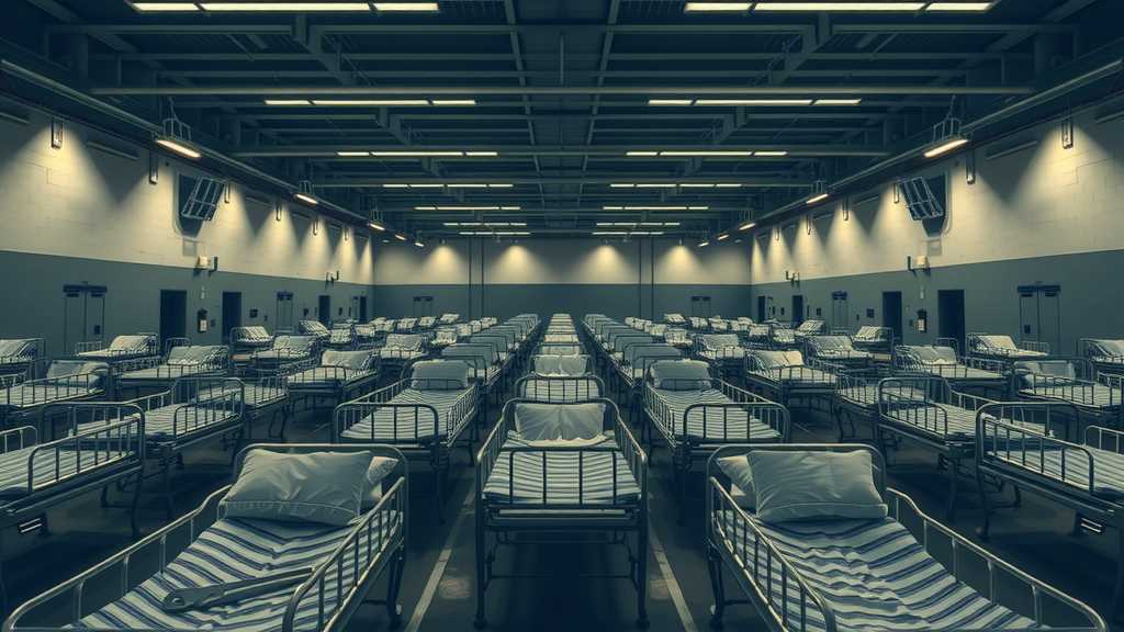 Empty detention center with rows of beds