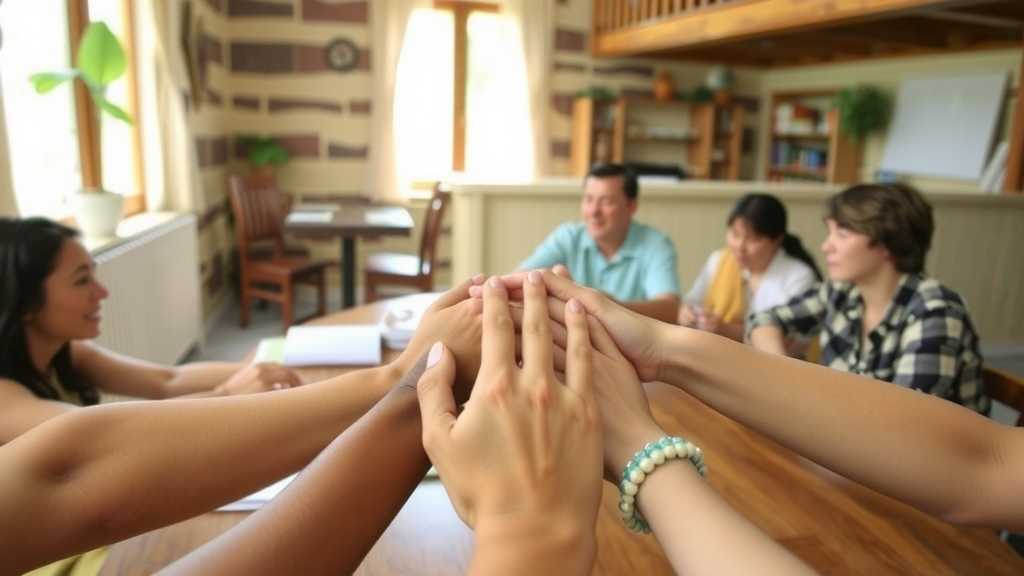 Joined hands of solidarity on a table.
