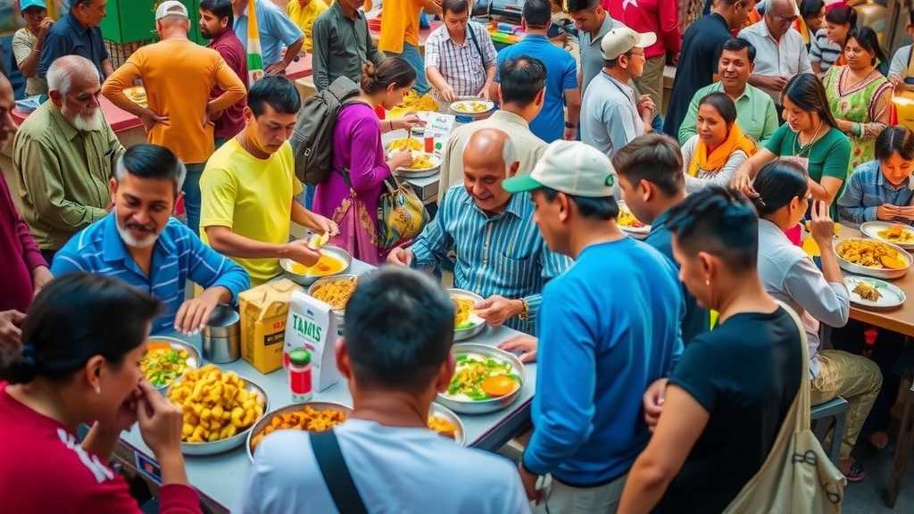 mercado comunitario con puestos de comida diversa y personas alegresjpeg