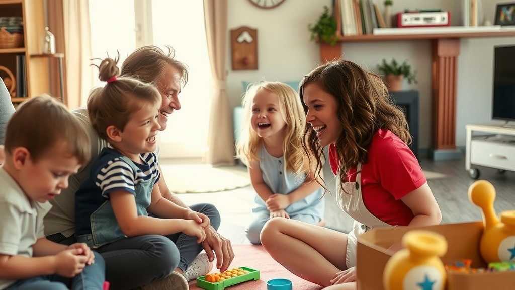 una familia alegre disfrutando de un momento feliz juntos en un espacio acogedorjpeg