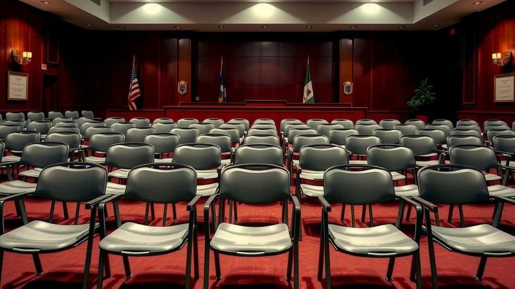An empty courtroom highlighting the plight of immigrants in legal proceedings.