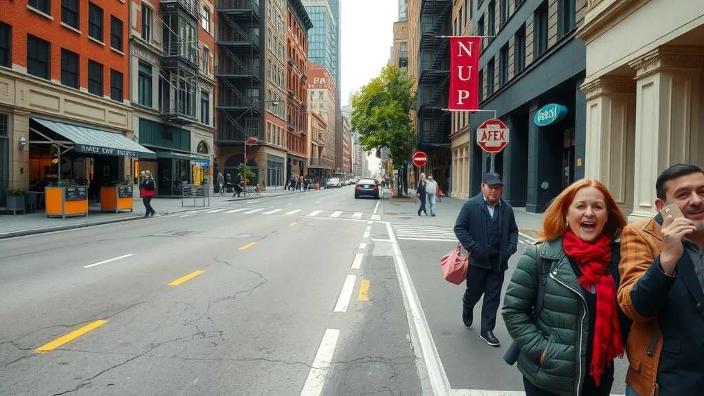 An urban street scene showing new developments and diverse pedestrians exploring the neighborhood.