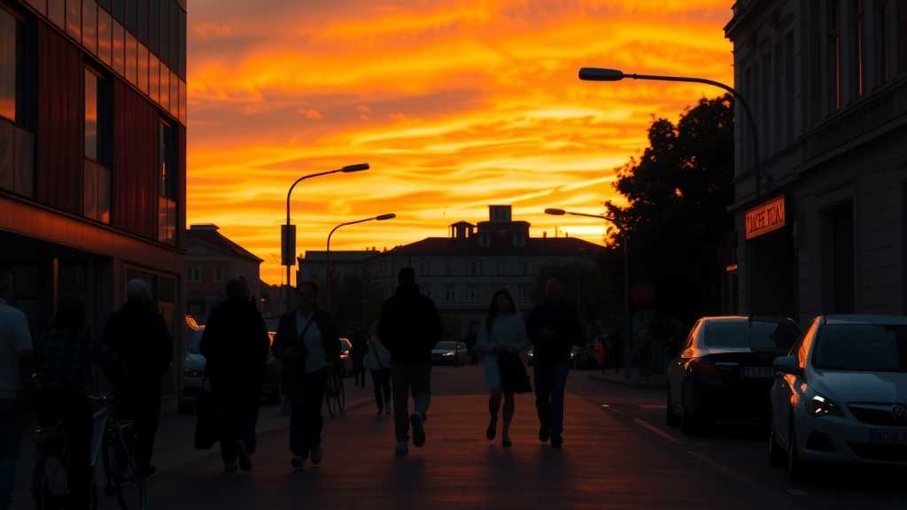 A bustling city street alive with movement during a stunning sunset.