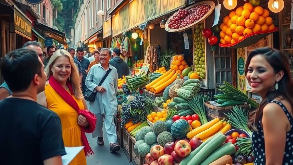 Dynamic street market scene with joyful interactions between vendors and customers under warm late afternoon light.