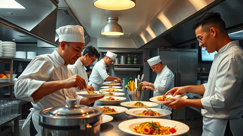 Chefs working in a busy restaurant kitchen, showcasing culinary art and teamwork