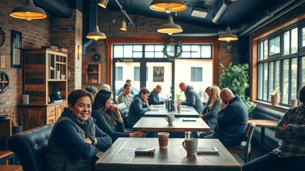 A lively coffee shop filled with friendly interactions and a warm atmosphere.