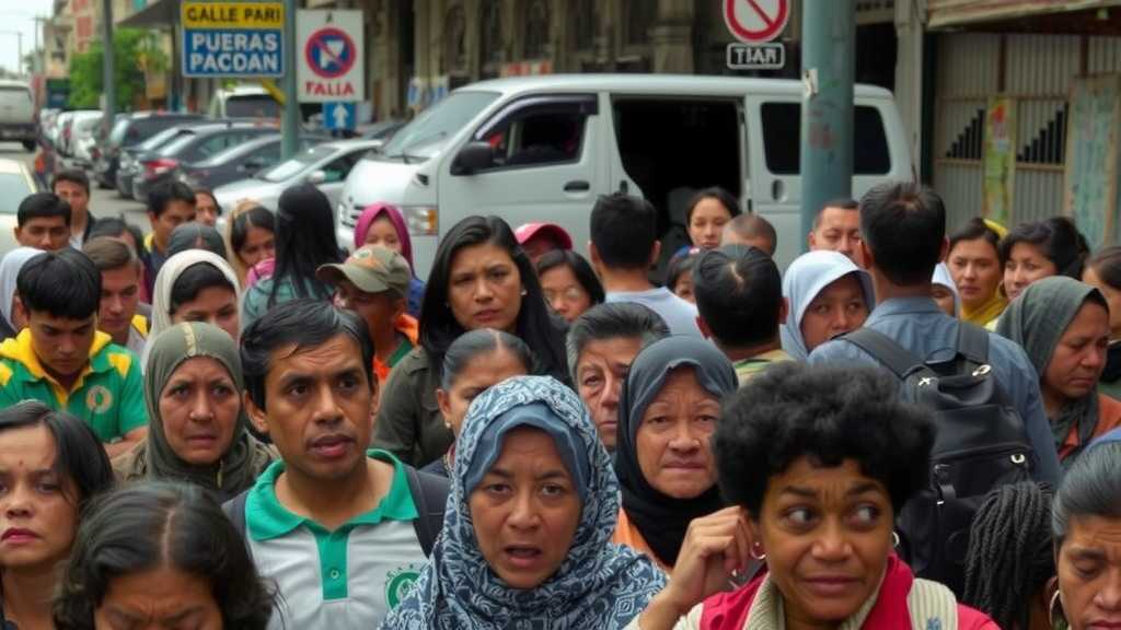 Latin American street with migrants waiting for assistance