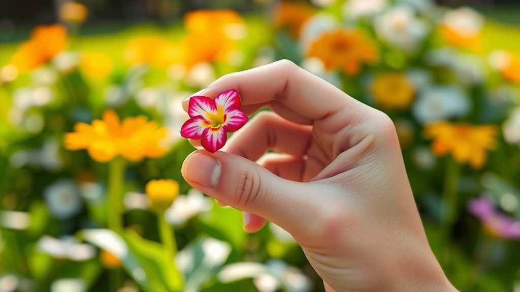 A hand holding a flower in a garden