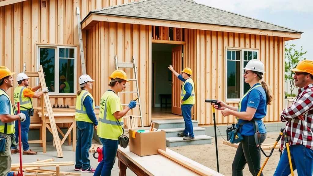 Construction workers engaged in home renovation tasks at a lively site