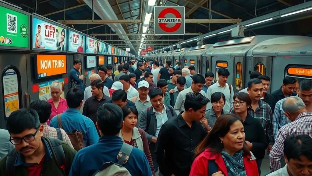 un centro de transito en una ciudad concurrida con diversas personas esperando trenes y autobusesjpeg