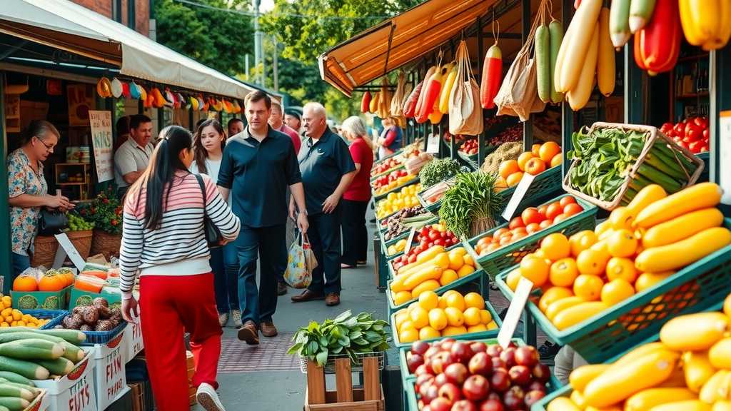 una escena animada de un mercado de agricultores lleno de productos frescos y personas interaccionandojpeg
