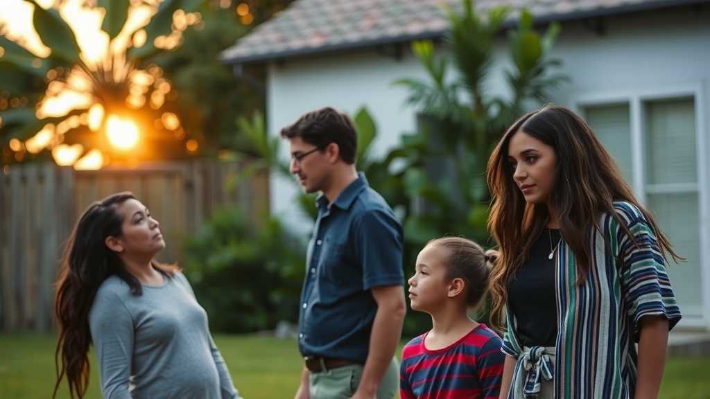 Family discussing migration issues outdoors