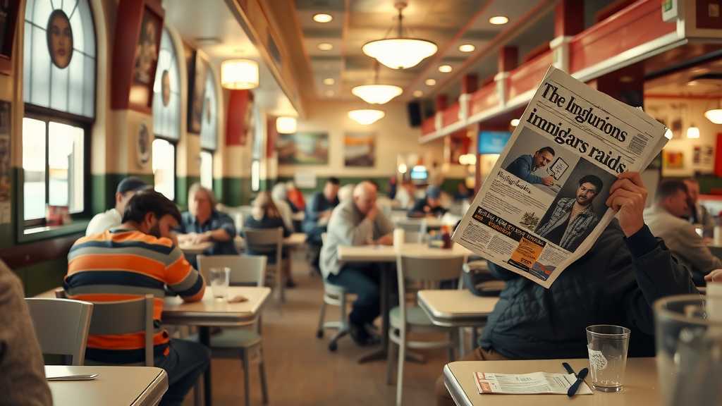 Patrons in a diner looking at news about ICE, atmosphere feeling heavy.