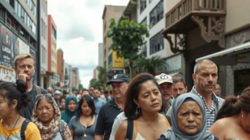 A diverse urban environment filled with individuals discussing immigration concerns.