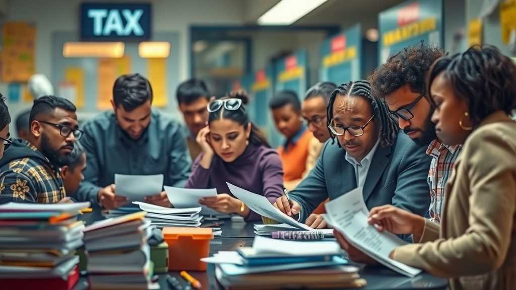 Tax workers collaborate amidst concerns over privacy while preparing legal documents, showcasing their community spirit despite the anxiety surrounding IRS policies. Negative Prompt: infographics, illustration style, names of personalities (such as presidents), public figures, text.