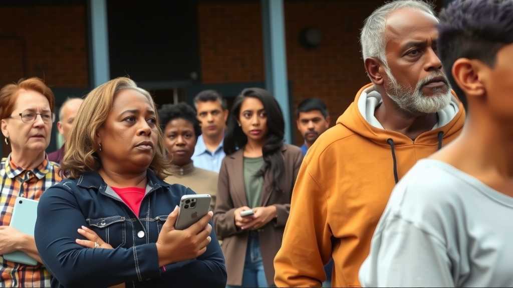 Parents anxiously discussing immigration enforcement impact near a school.