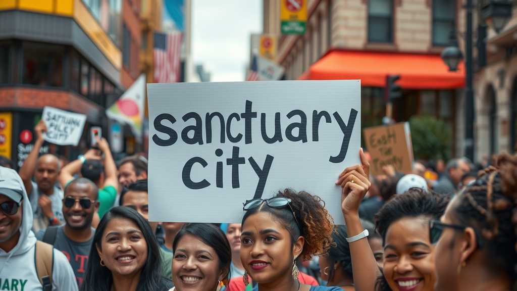 Community support for sanctuary policies with a focus on unity and diversity near a sanctuary city sign.