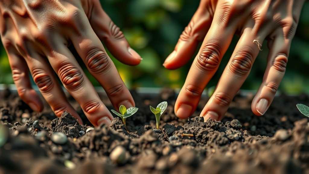 Hands planting seeds in nourishing soil, emphasizing the connection between labor and sustainable agriculture.