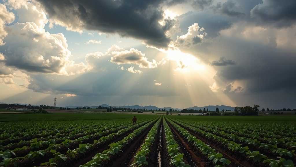 An expansive view of a California farm illuminated by contrasting light, with workers in the fields against a dramatic sky.