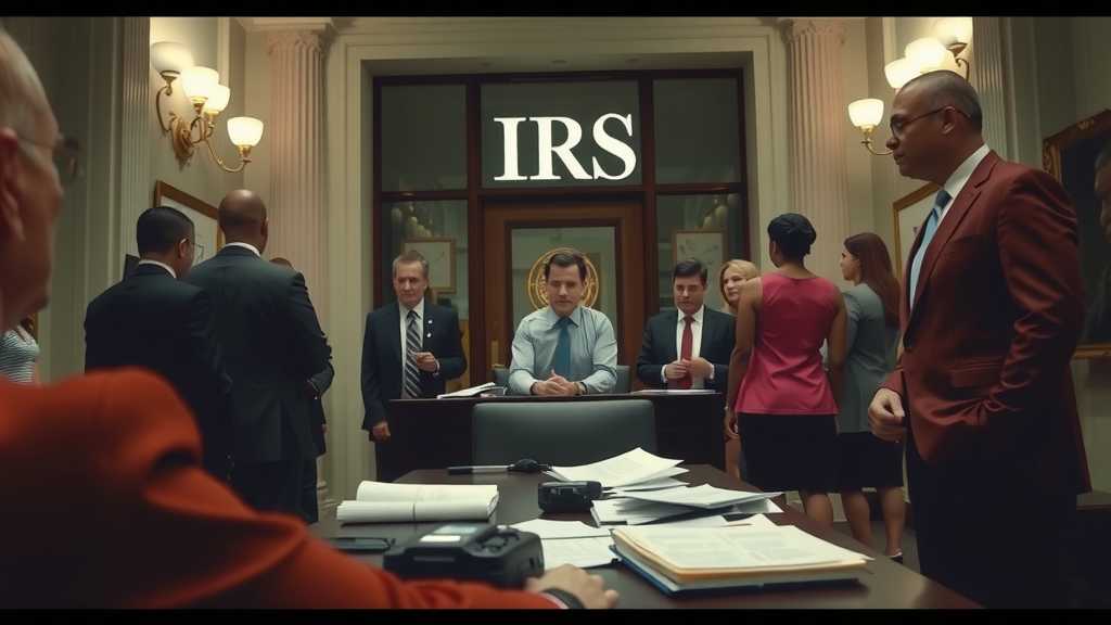 funcionarios del irs trabajando bajo presion discutiendo informacion sensible mientras personas preocupadas observan desde el exterior prompt negativo infografias estilo de ilustracion nombres dejpeg