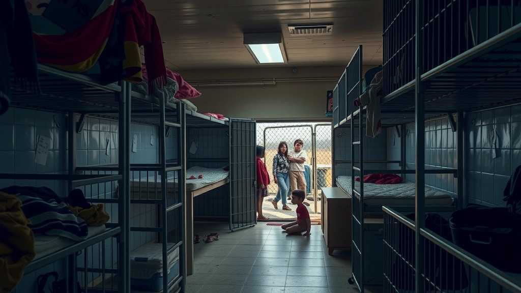 Inside a migrant detention facility, showing children amidst stark conditions.