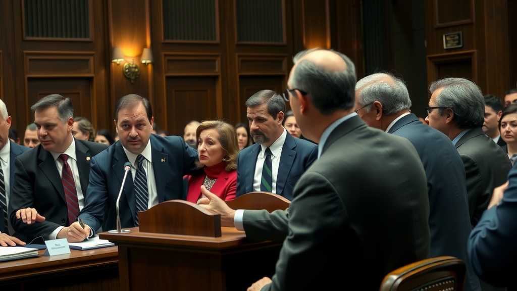 Lawyers arguing passionately in court about taxpayer privacy laws while an audience of anxious citizens watches. Negative Prompt: infographics, illustration style, names of personalities (such as presidents), public figures, text.