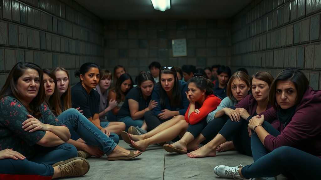 mujeres en una celda de detencion de ice mostrando expresiones de miedo y ansiedadjpeg